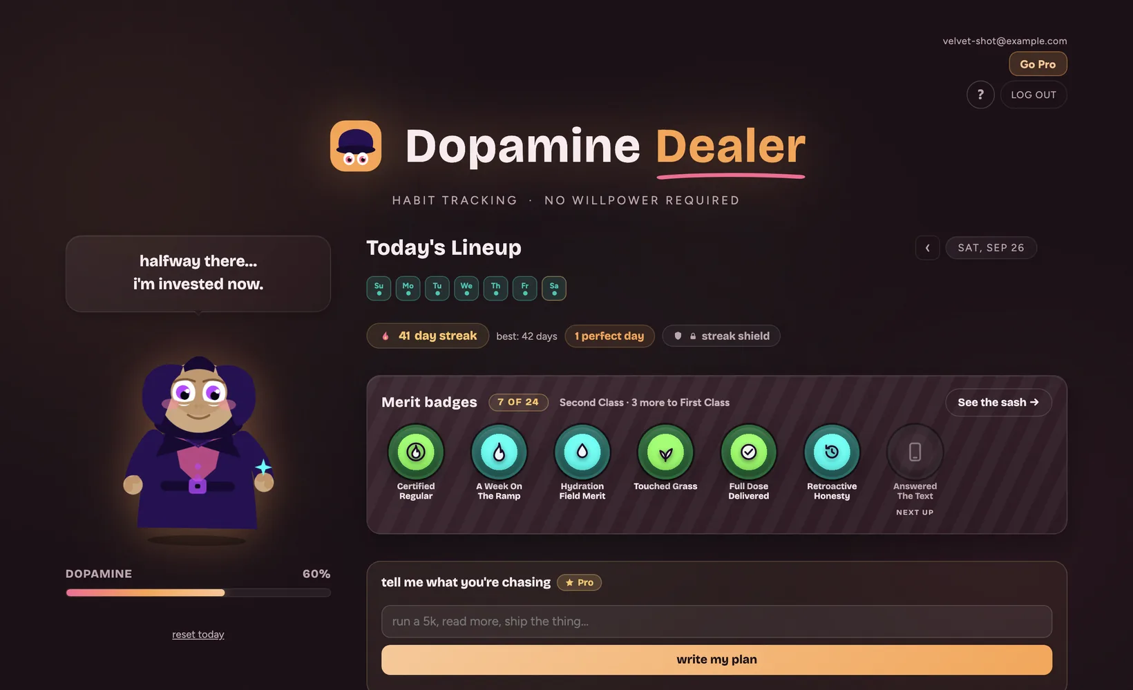 The Dopamine Dealer app on a dark wine background: the Dealer in his purple coat under a speech bubble that says halfway there, a dopamine bar at 60 percent, and Today's Lineup on the right with the week strip, a 41 day streak and a row of merit badges